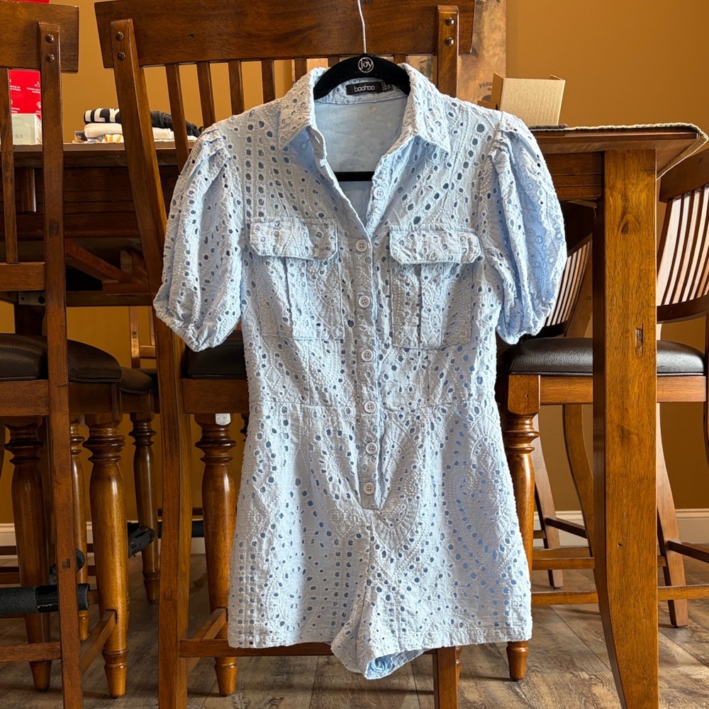 Boohoo Light Blue Eyelet Romper